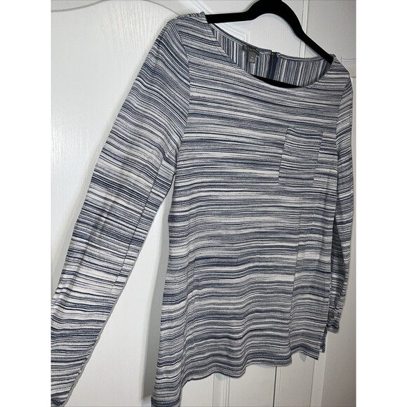 T by Talbots Women Top Med Gray Zip 3/4 Sleeve Striped Knit Pocket Stretch Light - Picture 2 of 12